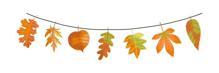 Obraz premium Beautiful cartoon autumn leaves hanging on a string. seasonal garland with maple and oak leaves. Fall Season horizontal template for banner, poster, card. Hand drawn illustration.