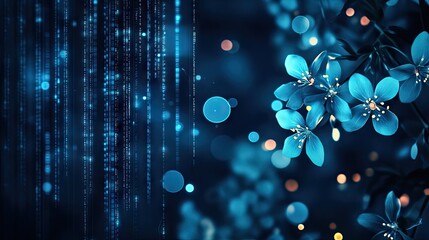 Bright blue flowers illuminated against a dark background with falling digital code, symbolizing the fusion of organic beauty and technology