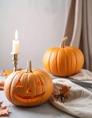 Halloween pumpkins and candle on a table
