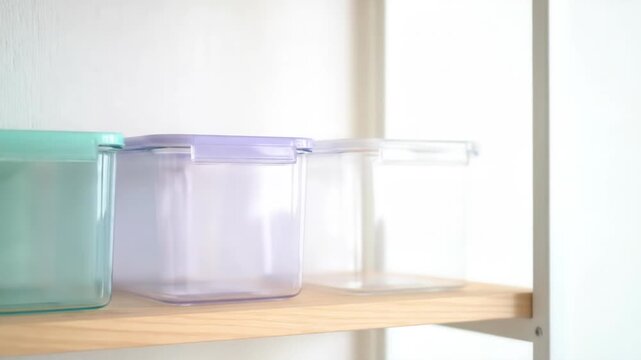 Minimalist still life featuring three plastic containers in green, purple and clear on a wooden shelf. Clean and organized, perfect for food storage and kitchen organization.