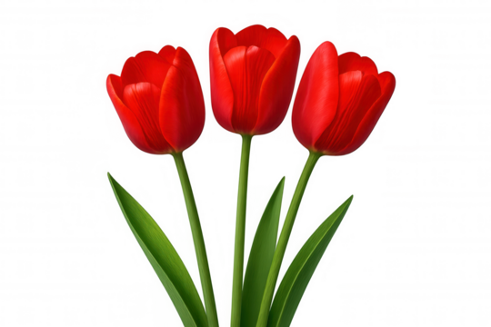 Three vibrant red tulips with green stems and leaves, symbolizing spring, romance, and celebration, transparent background
