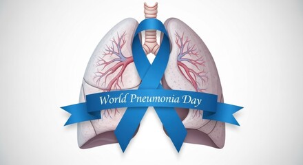 Fototapeta premium World Pneumonia Day poster showing human lungs with a blue awareness ribbon, symbolizing respiratory health, prevention, and medical education