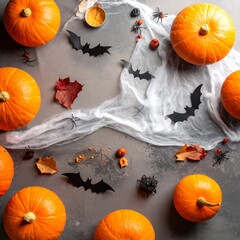 Halloween pumpkins, bats, and autumn leaves on a gray surface