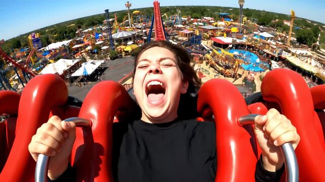 Thrill Ride Scream - A person is screaming while on an amusement park ride, their mouth wide open. The video provides a first-person perspective of the ride, showcasing the bright blue sky and other