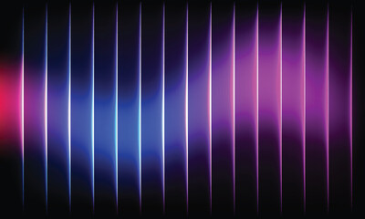 Glowing neon vertical lines on dark background. Futuristic abstract vector with blue, pink, and purple light effect.