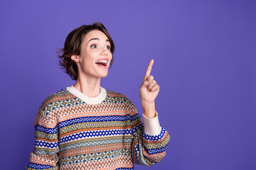 Photo of lovely adorable woman wear trendy clothes hand touch empty space isolated on purple color background