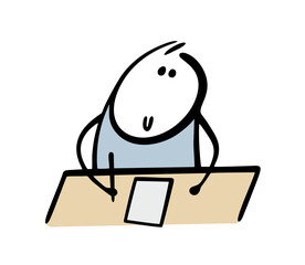 Kind stickman sits at  table and writes a letter, does his homework, composes poetry. vector illustration of a man waiting for inspiration.  Doodle student is at school, textbooks and notebook.
