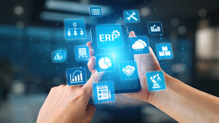 ERP icons show management, integration, and business process. ERP supports data management, ERP efficiency, and ERP organizational solutions. Gist