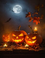 Halloween pumpkins under a full moon