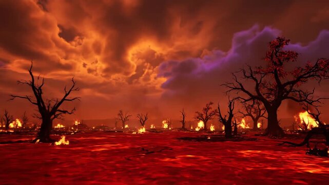 Inferno Landscape: Fire and Destruction - A fiery landscape depicting a hellish environment with a red, lava-like surface and burning trees.