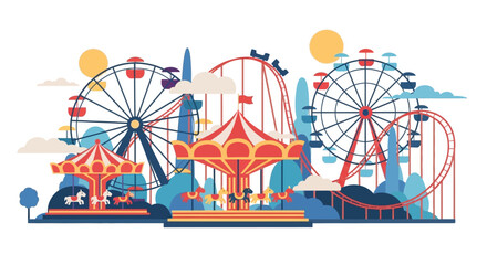 Colorful Amusement Park Illustration with Thrilling Rides and Carousels.
