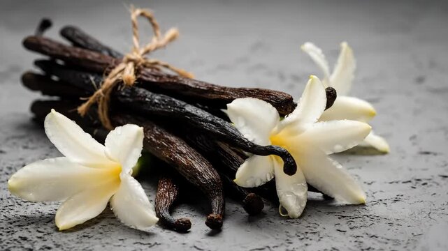 Vanilla Pods and Flowers on Gray Background - A close-up shot features a bundle of vanilla pods tied with twine, adorned with delicate white vanilla flowers.