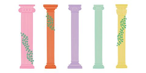 Greek and Roman cartoon columns inspired by ancient mythology, with marble texture and stone grooves. Decorative architectural element perfect for design and history projects