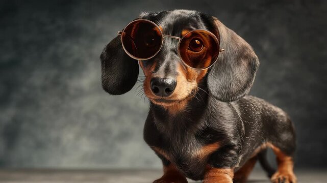 Dachshund Puppy Portrait Wearing Round Sunglasses, Looking at Camera, Studio Shot, Black and Tan Smooth Haired, Cute Dog, Fashionable Pet