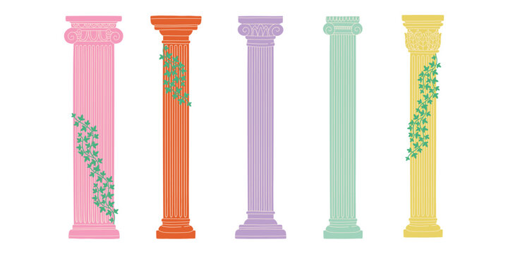Greek and Roman cartoon columns inspired by ancient mythology, with marble texture and stone grooves. Decorative architectural element perfect for design and history projects