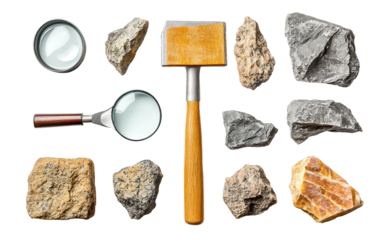 Professional geology tools set featuring magnifier pickaxe and rock samples representing field exploration and earth science study isolated on transparent background PNG
