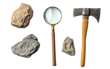 Complete geologist equipment collection showcasing magnifying glass pickaxe and stones used for geological research isolated on transparent background PNG