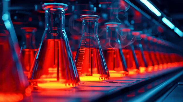 Laboratory flask glass beaker red light science lab research sterile precision technology experiment chemical glowing lab flask red liquid chemical