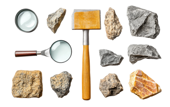 Professional geology tools set featuring magnifier pickaxe and rock samples representing field exploration and earth science study isolated on transparent background PNG