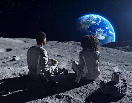 Future of Space Exploration: Couple on Lunar Surface Gazing at Planet Earth