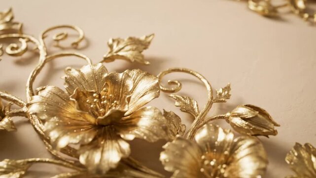 Elegant Gold Floral Wall Decoration - This video captures a close-up view of a luxurious gold floral relief design.