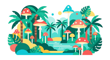 Colorful fantasy forest scene with giant mushrooms and tropical plants.