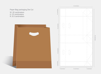 Paper bag packaging template elegant flat 3d mockup and die cut outline
