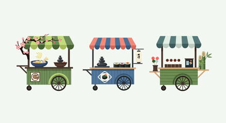 Colorful food carts showcasing various culinary delights and street food options.