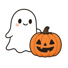 Friendly Kawaii Ghost and Carved Halloween Pumpkin