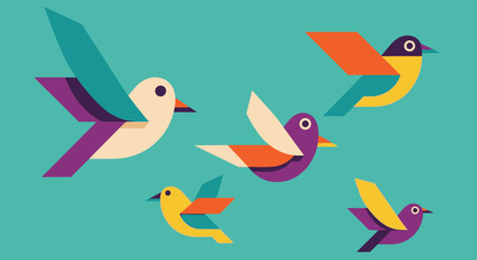 Colorful geometric birds flying in a teal sky, artistic illustration.
