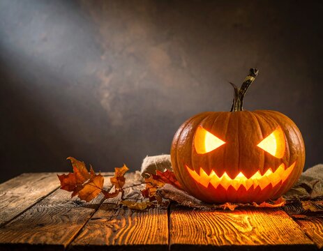 Calabaza con cara iluminada sobre una mesa de madera estilo halloween