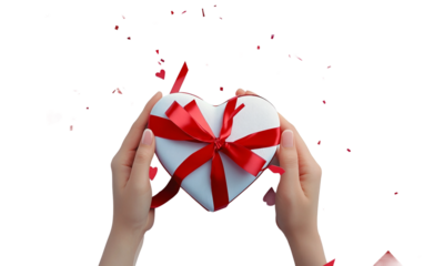 Person wrapping Valentine Day presents with elegant red ribbons and festive touches isolated on transparent background PNG