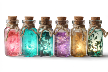 Collection of potion bottles with colorful liquids and glitter magical elixirs for fantasy and witchcraft themes isolated on white