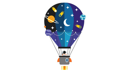 Colorful hot air balloon with space theme floating in the sky.