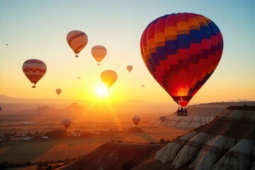 Fototapeta premium Hot Air Balloons Sunrise Vibrant Balloons Gracefully Floating in a Stunning Morning Sky, Casting Long Shadows on a Tranquil Landscape