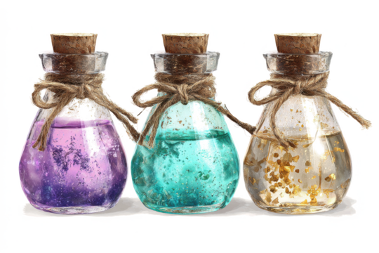 Set of potion bottles with cork stoppers filled with colorful liquids and tied with twine isolated on white background