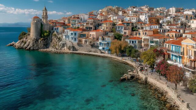 Picturesque View of Pythagorion, Samos Island, Greece: Coastal Village with Traditional Architecture, Turquoise Water, and Historic Church on Rocky Outcrop