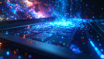 Digital Symphony: Illuminated keyboard pulses with ethereal energy, digital data stream, illustrating the flow of information and technological innovation