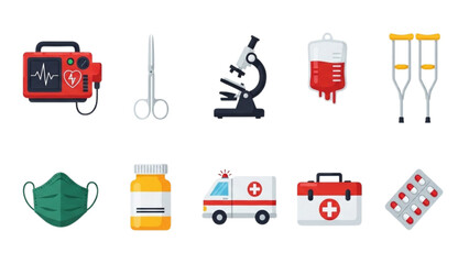 Flat Medical Supply Icon Set | Hospital Equipment, Healthcare Tools, First Aid, Emergency Icons Collection