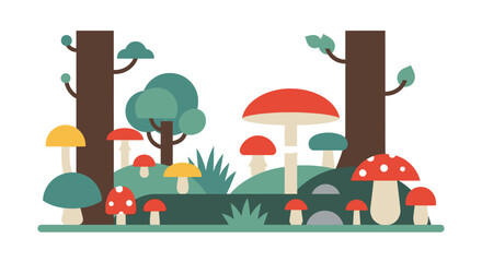 Colorful mushrooms and trees in a whimsical forest illustration.