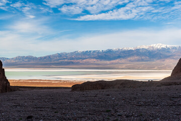 Morning View of Panamint Mounts Over Lake Manly in Badwater Basin, Death Valley