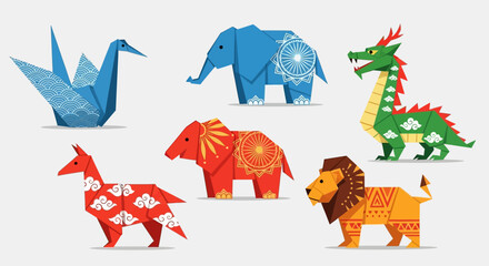 Colorful Origami Animals Collection - Crane, Elephant, Dragon, Horse, Bear, Lion.