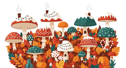 Colorful mushroom village with autumn leaves and decorative elements.