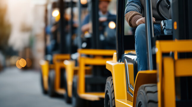 Forklift forks aligned like a race start drivers’ arms visible only smiles implied aisle defocused forklift fun workplace culture team bonding safe play logistics life with