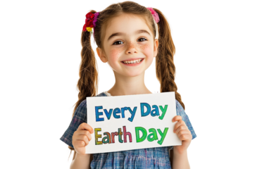 Young girl holding a sign that says Every Day is Earth Day promoting environmental awareness isolated on transparent background PNG