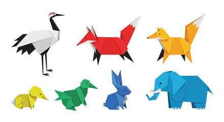 Colorful Origami Animals - Crane, Foxes, Dog, Bird, Rabbit, and Elephant.