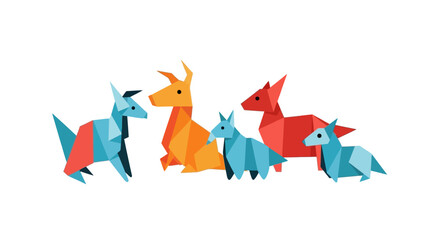 Colorful origami animals in various sizes and hues, showcasing paper art.