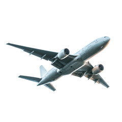 Commercial airplane flying high against a stark transparent background perspective