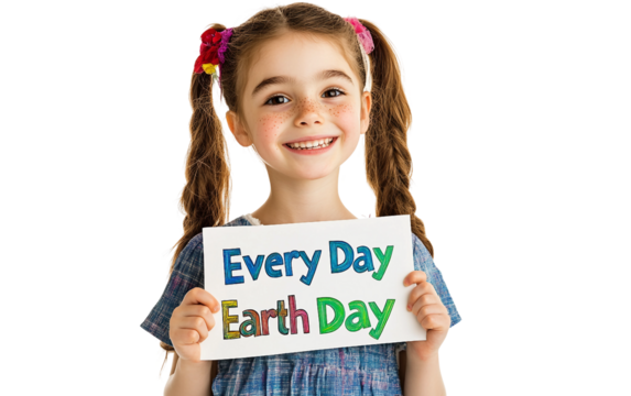 Young girl holding a sign that says Every Day is Earth Day promoting environmental awareness isolated on transparent background PNG