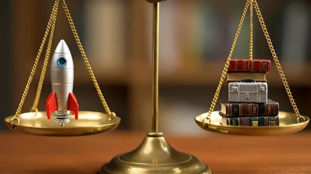 Balancing Innovation and Knowledge - A visual representation of balance emphasizing innovation versus knowledge, showcasing a silver rocket on one side and a stack of books with a small suitcase on